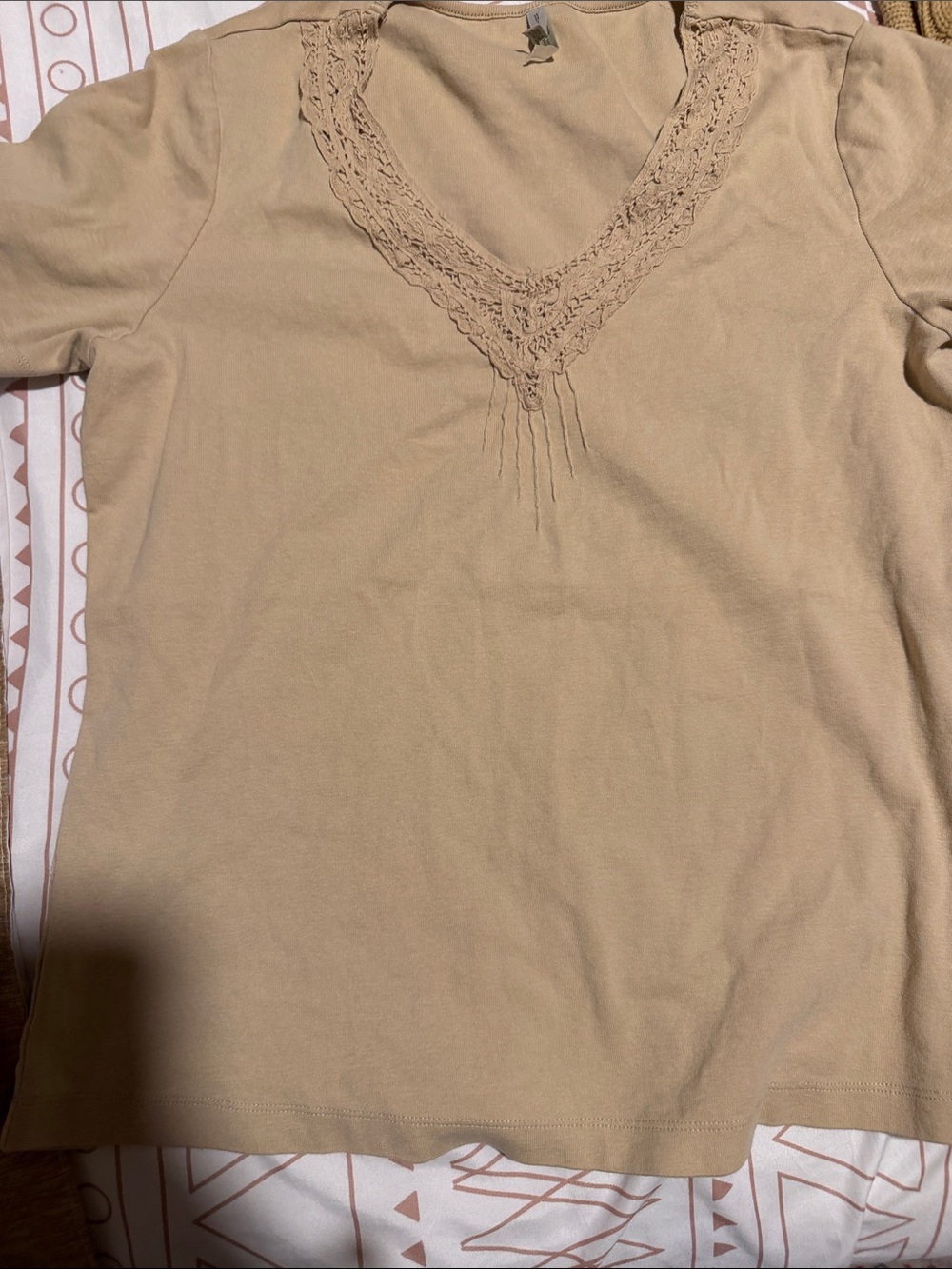 White Stag Women's Short Sleeve V-Neck Tee with Crochet Trim - Tan